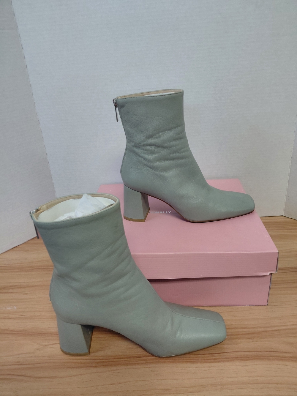 INTENTIONALLY BLANK TABATHA Sage Green Square-Toe Block Heel Ankle Boots
